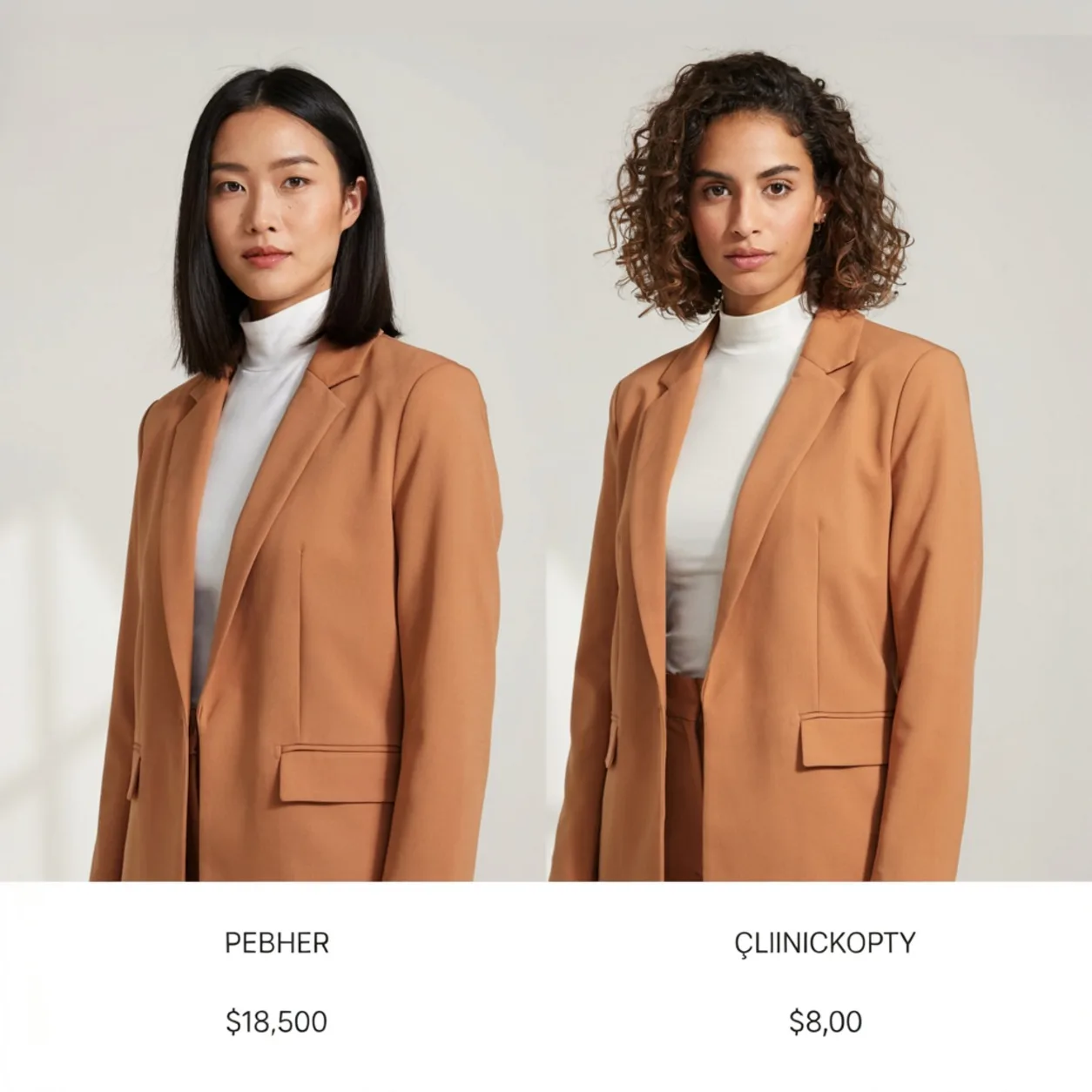 Two-model camel blazer e-commerce comparison shot for catalog listing