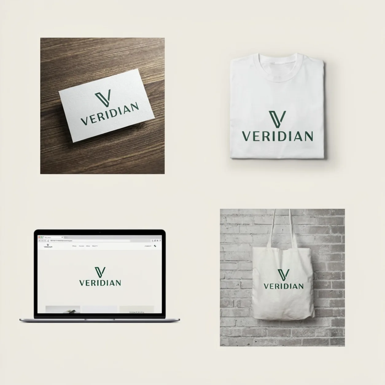Veridian brand identity logo applied across business card, t-shirt, website and tote bag mockups