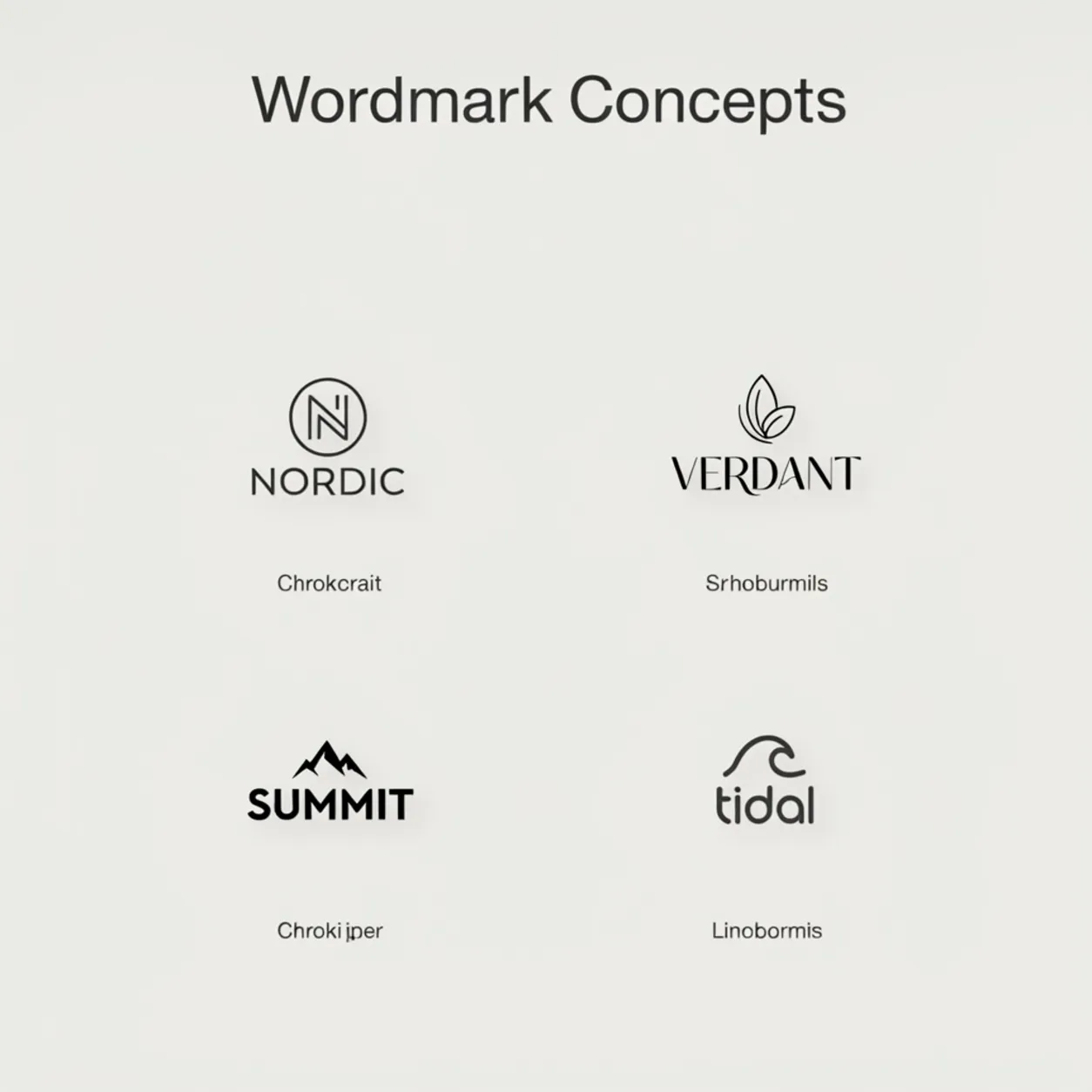 Three Ideogram 4 logo concepts — wordmark, monogram, and badge — with crisp lettering on clean backgrounds